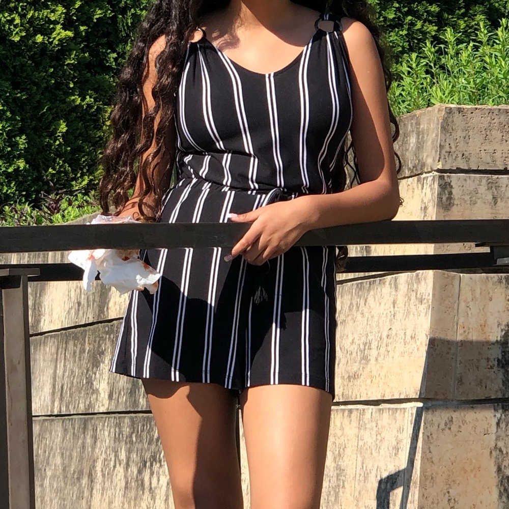 Black Romper with White Stripes